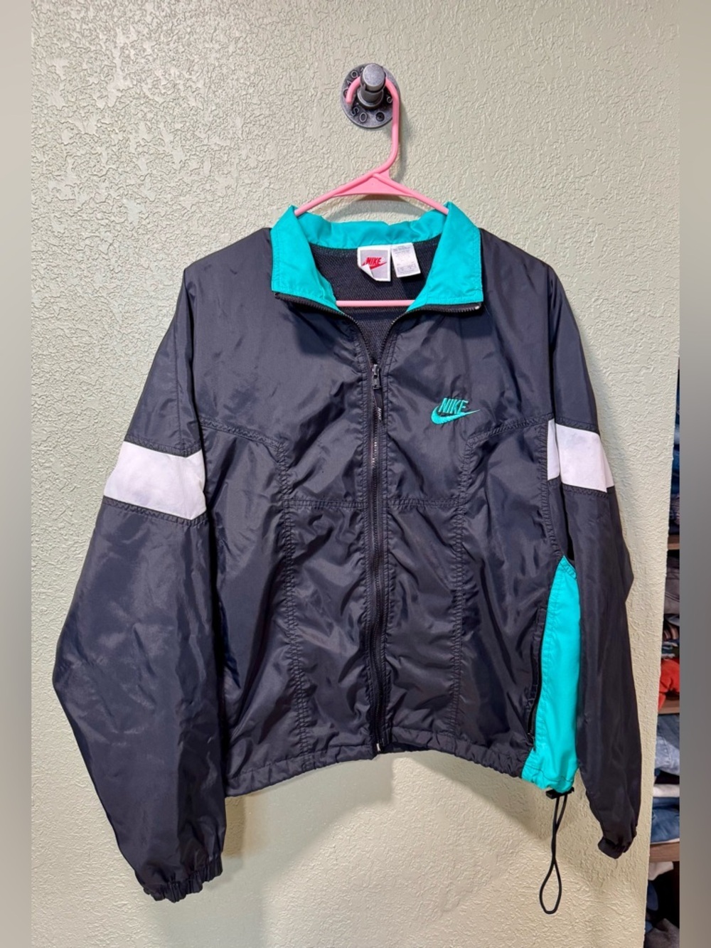 Nike Black Jacket with Teal Accents and White Sleeve Panels Y2K M